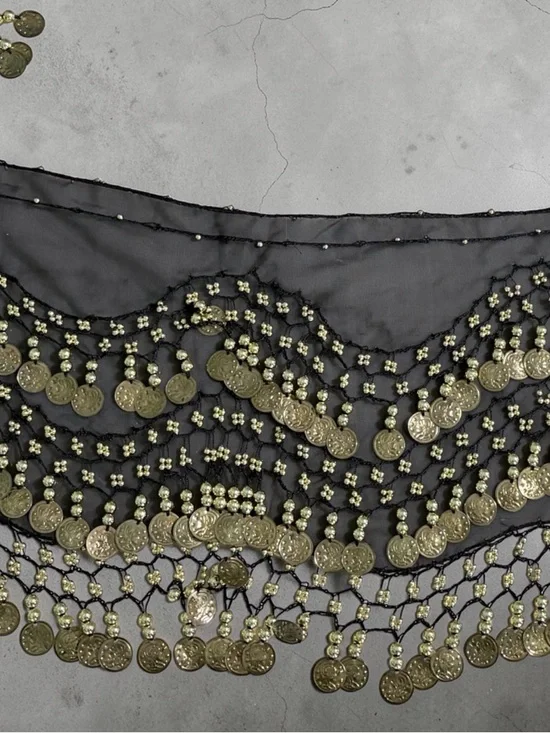 Black Coin Fringe Belly Dance Hip Scarf - Gold Coins - Picture 2 of 5